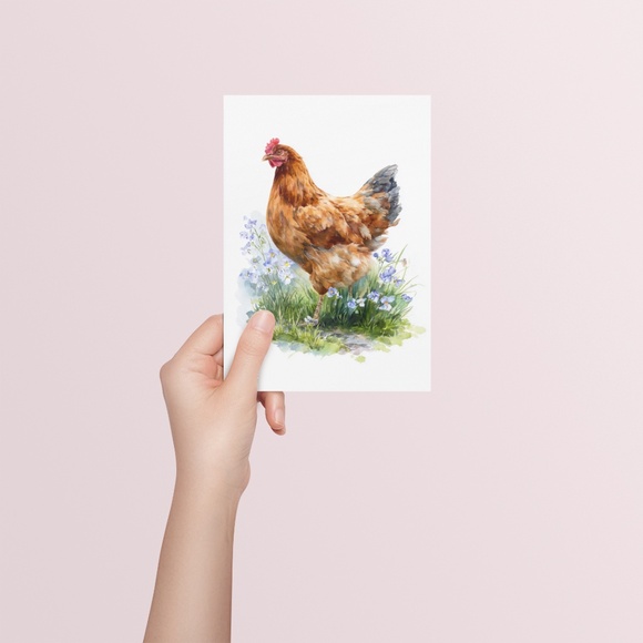 Watercolor Brown Hen with Wildflowers Portrait Wall Art Print Poster Unframed - Picture 5 of 6